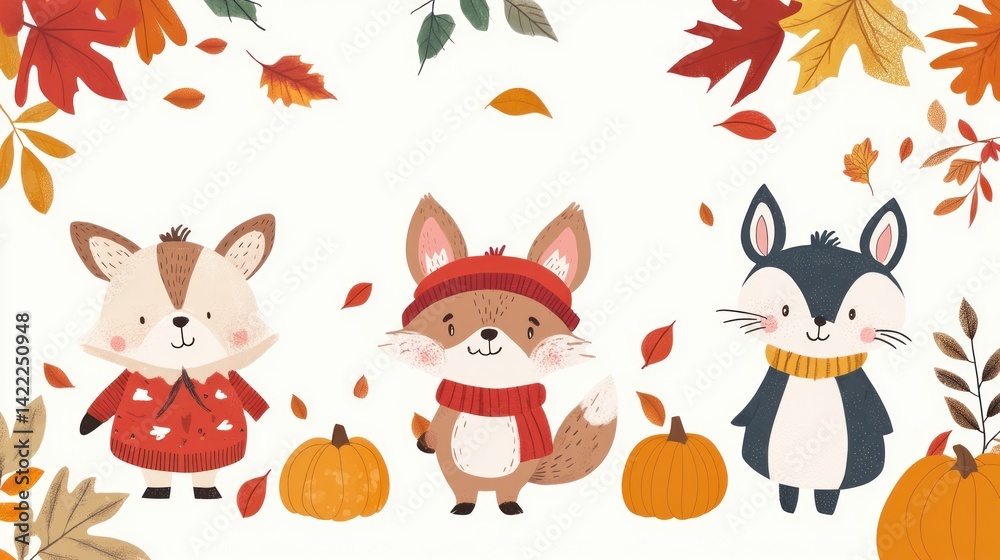 Obraz premium Cute autumn animals with pumpkins
