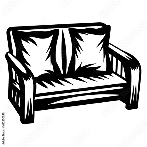 Black and white cartoon illustration of a comfortable cushioned loveseat