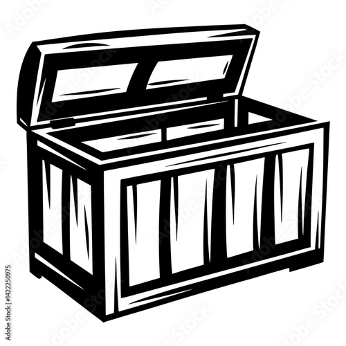 Stylized chest, wooden treasure box, open, black and white illustration