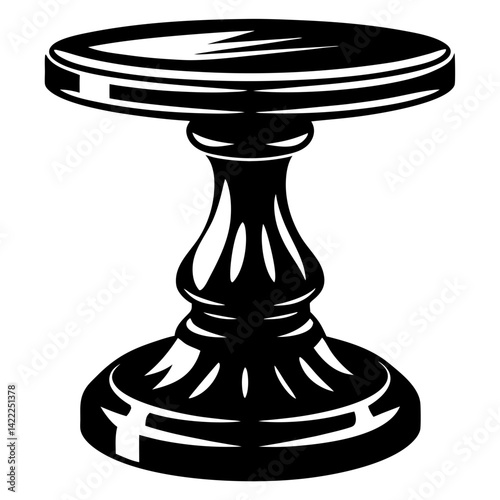 Monochrome pedestal table with round top and detailed base design