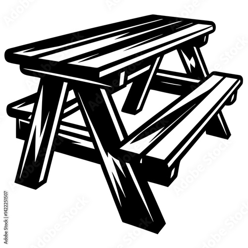 Bold monochromatic vector illustration of a picnic table offering outdoor seating