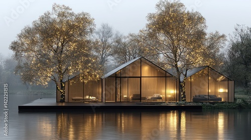 Lakeside retreats glowing trees misty dusk