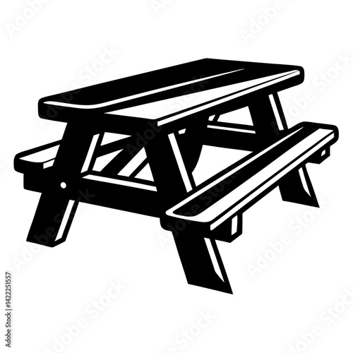 Stylized black and white graphic of a wooden picnic table structure
