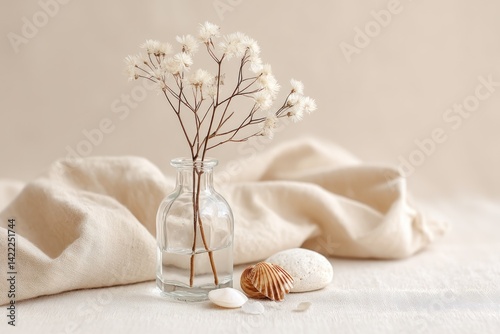 Elegant Clear Vase Holding Soft White Flowers Arranged With Smooth Stones on a Gentle Fabric Backdrop in a Tranquil Setting