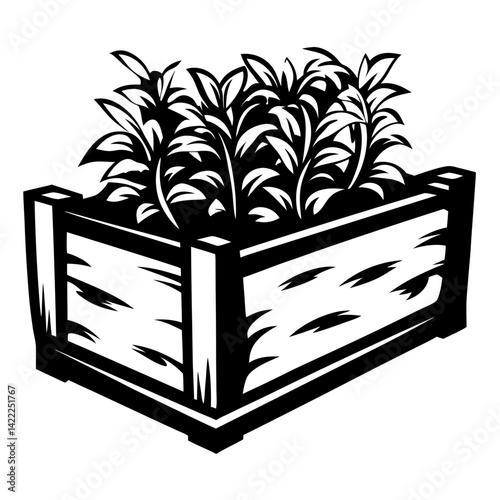 Monochrome illustration of a wooden planter box filled with leafy plants