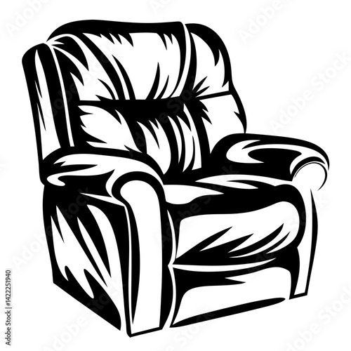 Black and white illustration of a comfortable armchair or recliner