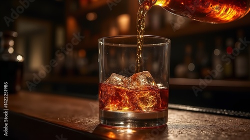 Whiskey being poured into a rocks glass with ice, ready to be enjoyed at a bar.