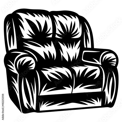 Stylized monochromatic illustration of a comfortable looking armchair with a puffy design