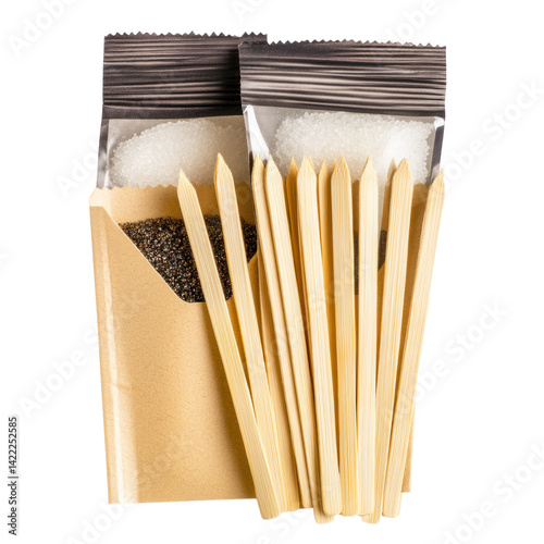 Coffee Stir Sticks And Sugar Sachets Isolated On 00X on a transparent background