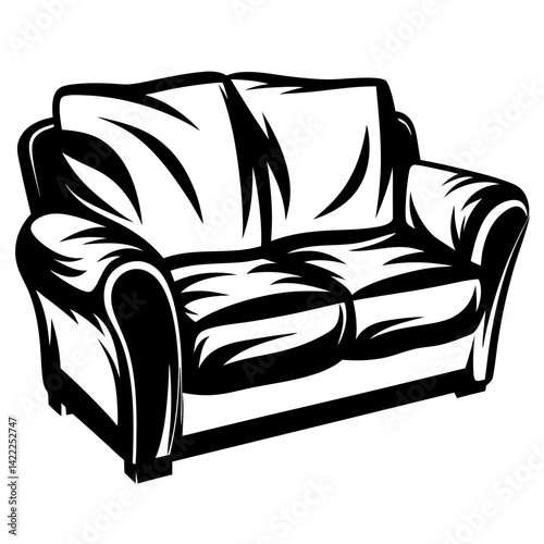 Stylized Black and White Vector Graphic of a Comfortable Two Seater Sofa