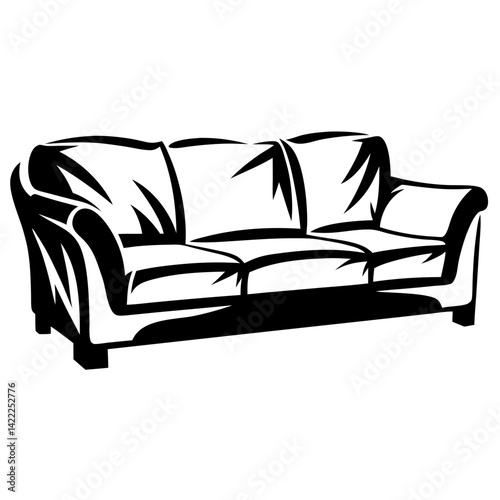 Black and white drawing illustration of a three cushion couch or sofa