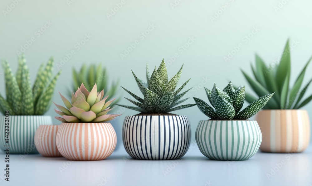 Fototapeta premium Decorative succulent plants in striped pots for modern home decor