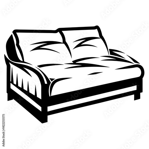 Stylized black and white illustration of a loveseat with prominent pillows