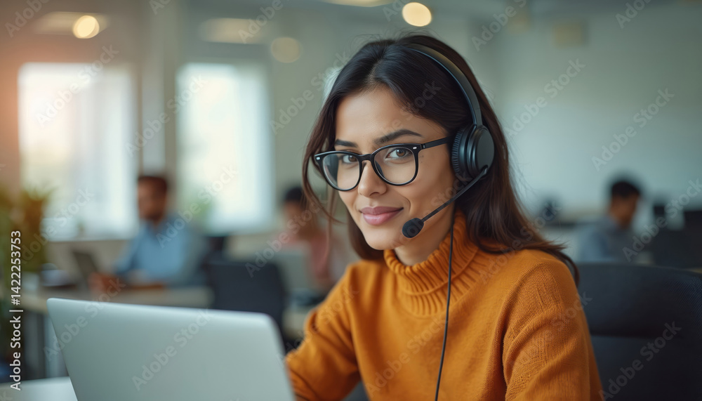 Indian call center worker assists clients. Woman wears headset, glasses, smiles, looks at camera. Support agent works on laptop, offers customer service. Pro, friendly workplace. Business, Indian call center worker assists clients. Woman wears headset, glasses, smiles, looks at camera. Support agent works on laptop, offers customer service. Pro, friendly workplace. Business,