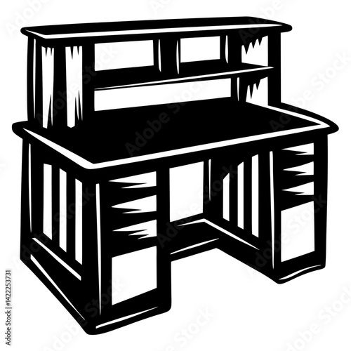 Striking Black and White Illustration of a Mission Style Desk with Hutch