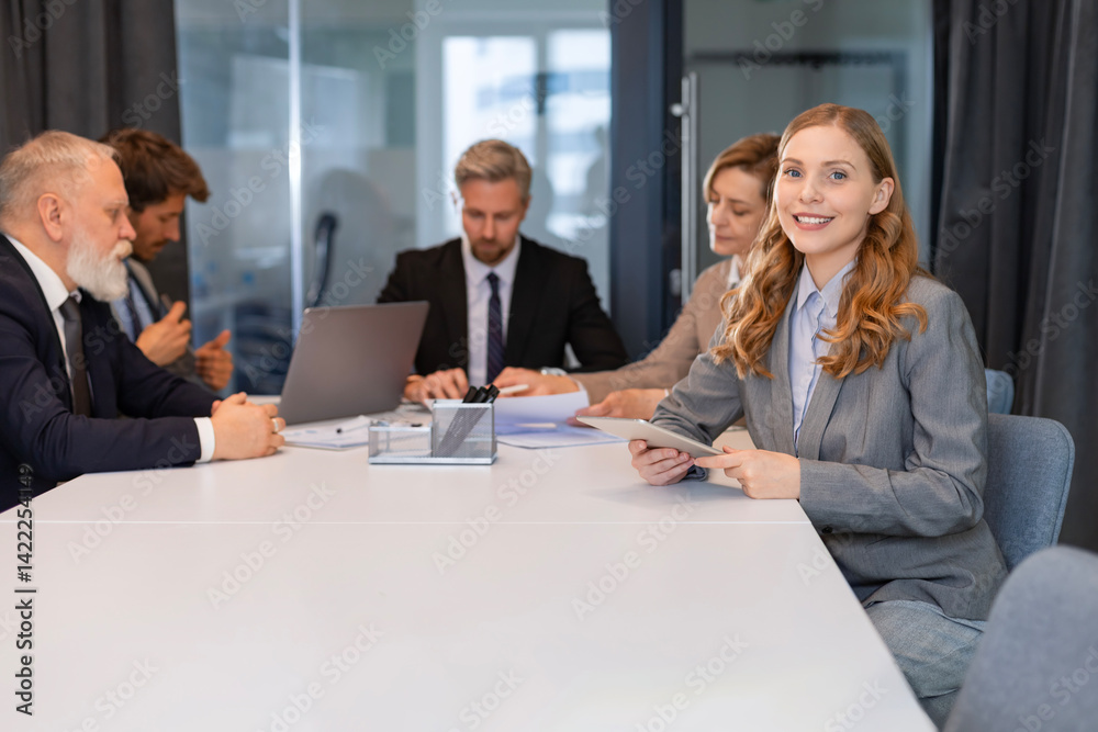 Fototapeta premium Attractive young businesswoman sitting on the table, looking at camera with colleagues on the background