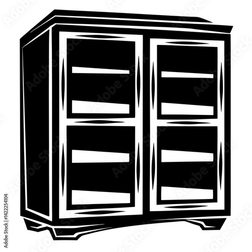 Black and white illustration of a vintage cabinet or bookcase with shelves