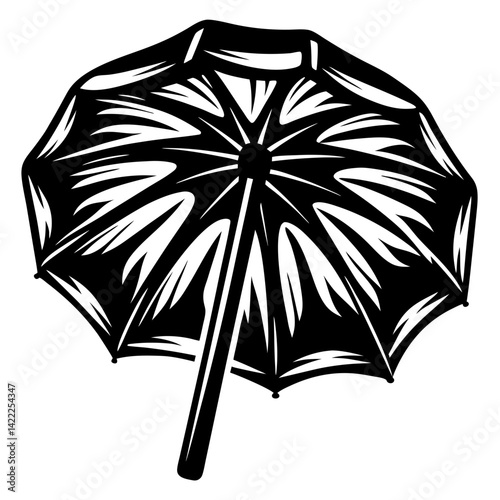 Stylized black and white umbrella with abstract pattern, offering shade and protection