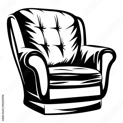 Vintage Tufted Armchair Illustration with Bold Outlines in Black and White