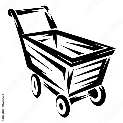 Stylized shopping cart illustration using bold black lines and sharp corners