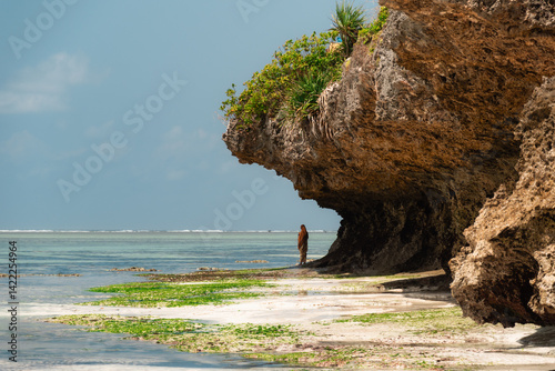 Fototapeta Naklejka Na Ścianę i Meble -  Tourist admiring breathtaking ocean view from secluded beach in zanzibar, tanzania