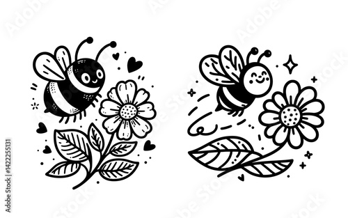Cute Bee and Flower Illustrations