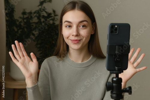 Woman talking to the camera from home