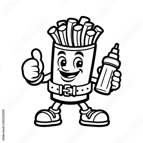 Happy French Fries Mascot Holding Ketchup Bottle