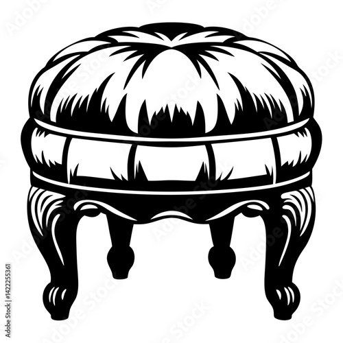 Elegant black and white antique ottoman with detailed carvings and plush cushion