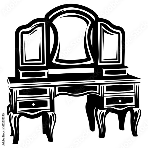 Elegant black and white vanity with three mirrors and drawers illustration