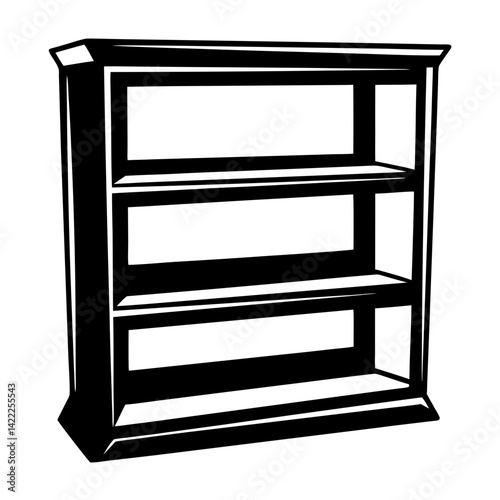 Stylized black and white illustration of a three shelf bookcase