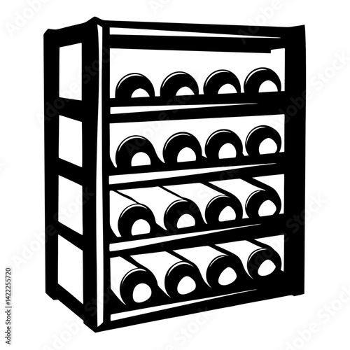 Black and white illustration of a wine rack filled with bottles
