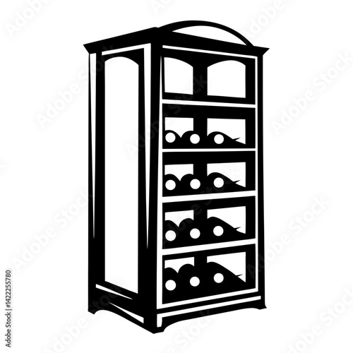 Silhouetted illustration of a vintage wine cabinet furniture with multiple bottle storage