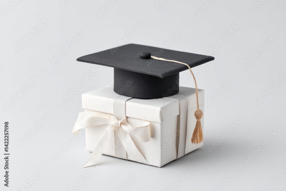 Celebration of Achievement With a Matte Black Mortarboard on a Wrapped Gift Box in a Minimalist Setting