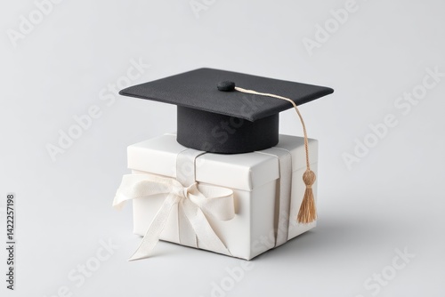 Obraz na płótnie Celebration of Achievement With a Matte Black Mortarboard on a Wrapped Gift Box in a Minimalist Setting w salonie