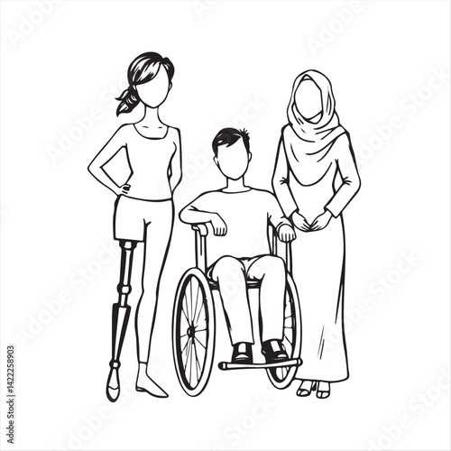 A classic black and white hand-drawn sketch of three diverse flat vector silhouettes a person with a prosthetic leg, a person in a wheelchair, and a person wearing a hijab, standing confidently