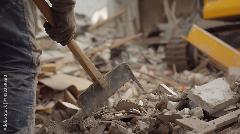 Construction Worker Using a Pickaxe on Debris Construction Worker Using a Pickaxe on Debris