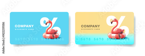 Summer discount cards, 3d flamingo resting on an inflatable pool float. Discounts on services, goods, and products. Special offer, percentages. Vector illustration.