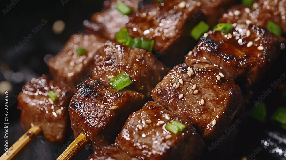 Sizzling grilled beef skewers local street food market culinary photography urban environment close-up view flavorful experience Sizzling grilled beef skewers local street food market culinary photography urban environment close-up view flavorful experience