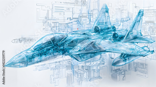 A transparent jet fighter design with blue hues. Suggests a technological or engineering concept visualizing internal structures. Suitable for educational materials or tech presentations.