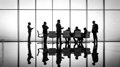 Corporate Synergy: An inspiring monochrome view of a business meeting, with silhouettes of executives engaging in strategic dialogue in a modern, light-filled boardroom.