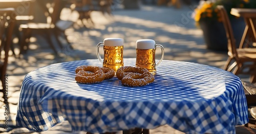  blue and white checkered tablecloth with two large mugs of beer