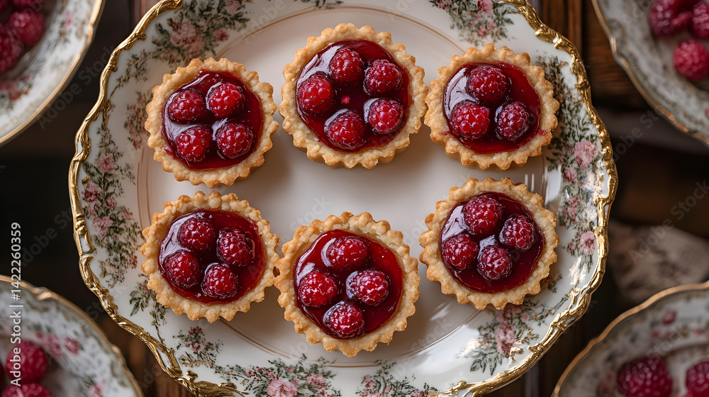 Raspberry tarts with buttery crust and sweet raspberry filling on fine china