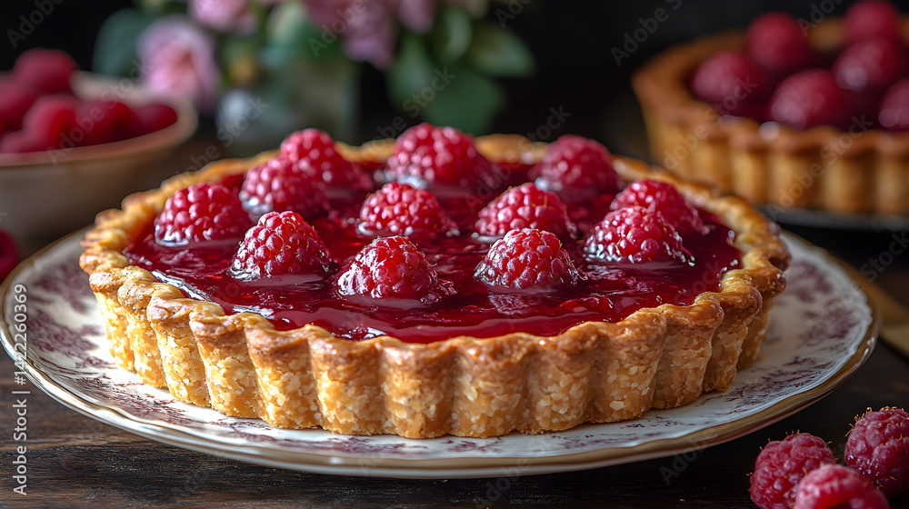 Raspberry tarts with buttery crust and sweet raspberry filling on fine china