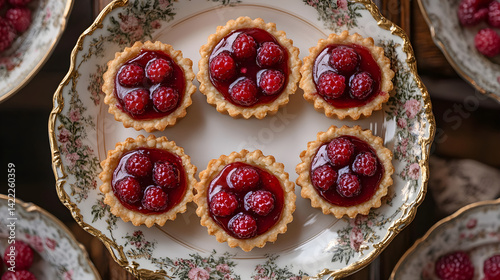Raspberry tarts with buttery crust and sweet raspberry filling on fine china