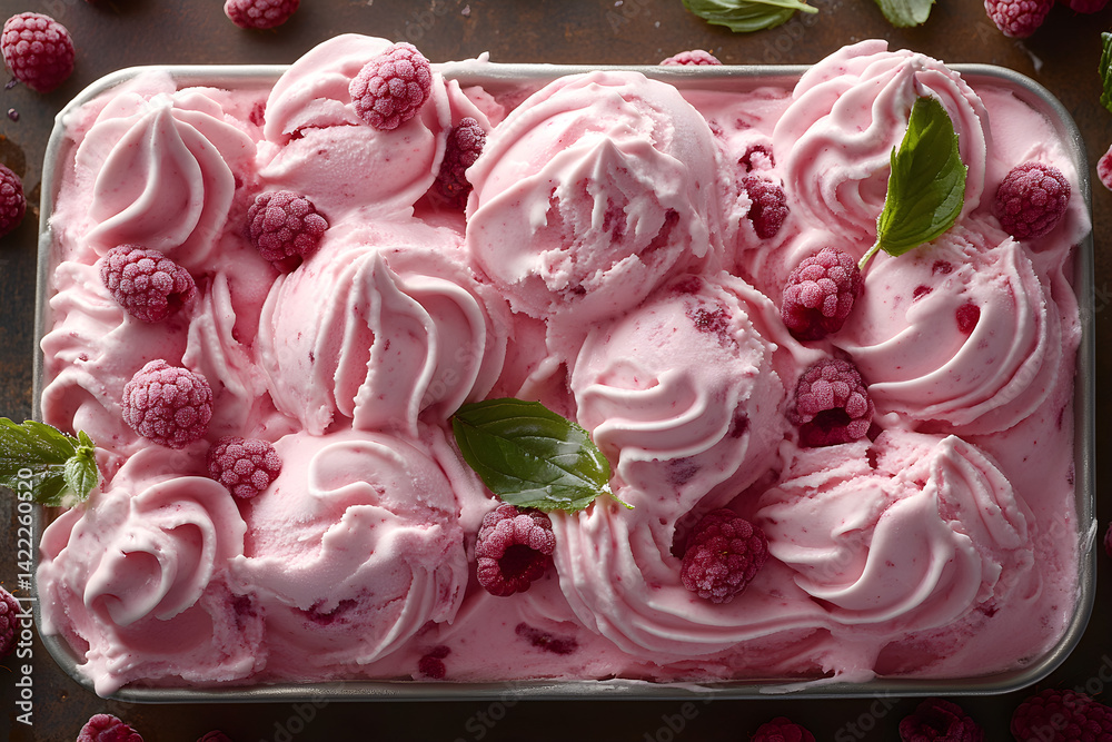 Refreshing raspberry gelato with bright color and creamy texture in a glass dish