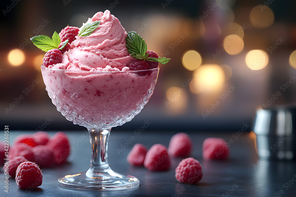 Refreshing raspberry gelato with bright color and creamy texture in a glass dish