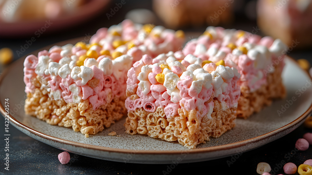 Rice crispy treats with marshmallow coating and crispy cereal base served on plate