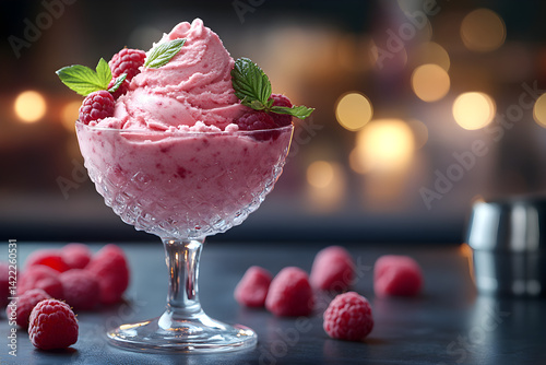 Obraz na płótnie Refreshing raspberry gelato with bright color and creamy texture in a glass dish w salonie