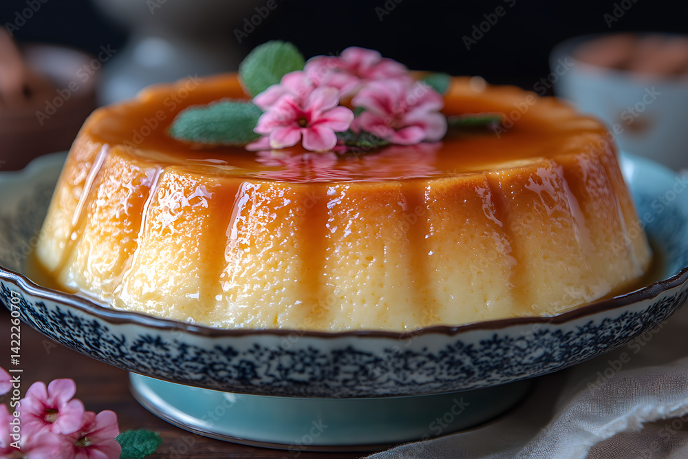 Rich caramel flan with velvety custard and caramel drizzle on vintage dish
